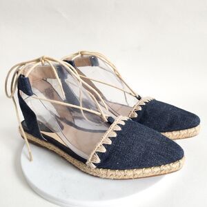 Nine West Blue Denim Ankle Tie Closed Toe Flat Espadrille‎ Slingback Sandals 6.5